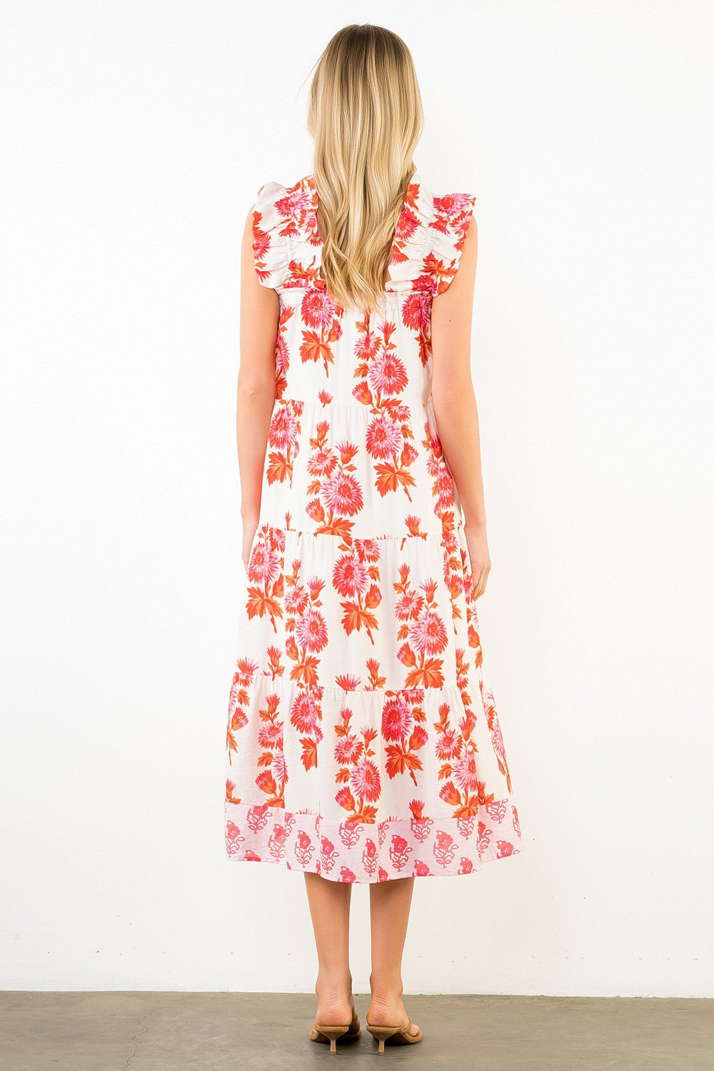 Floral Wide Flutter Strap Tiered Midi Dress-Cream