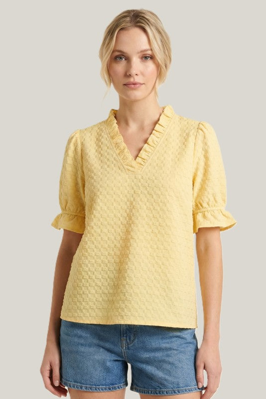 Solid Textured Frill V-Neck Half Sleeve Top