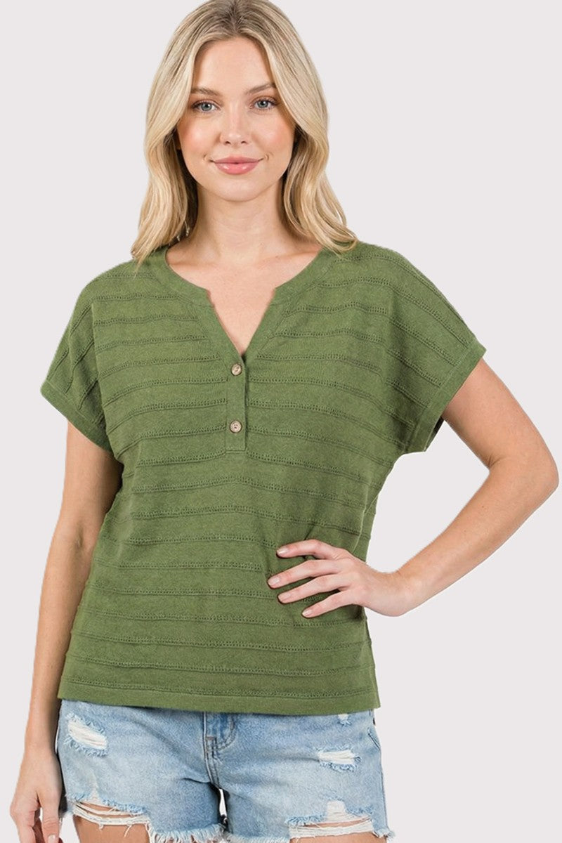 Split Half Button Neck Pointelle Striped Sweater