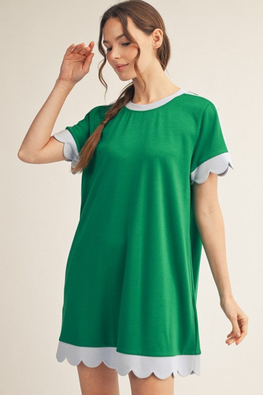 Solid Dress w/Scallop Arm & Hem