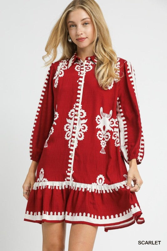 Block Print Buton Down 3/4 Sleeve Dress