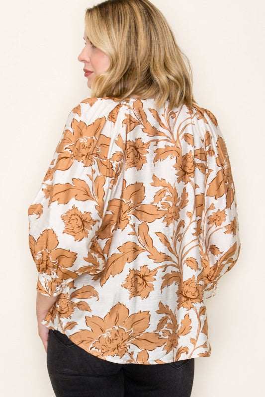 Floral Split Neck 3/4 Sleeve Top-Taupe