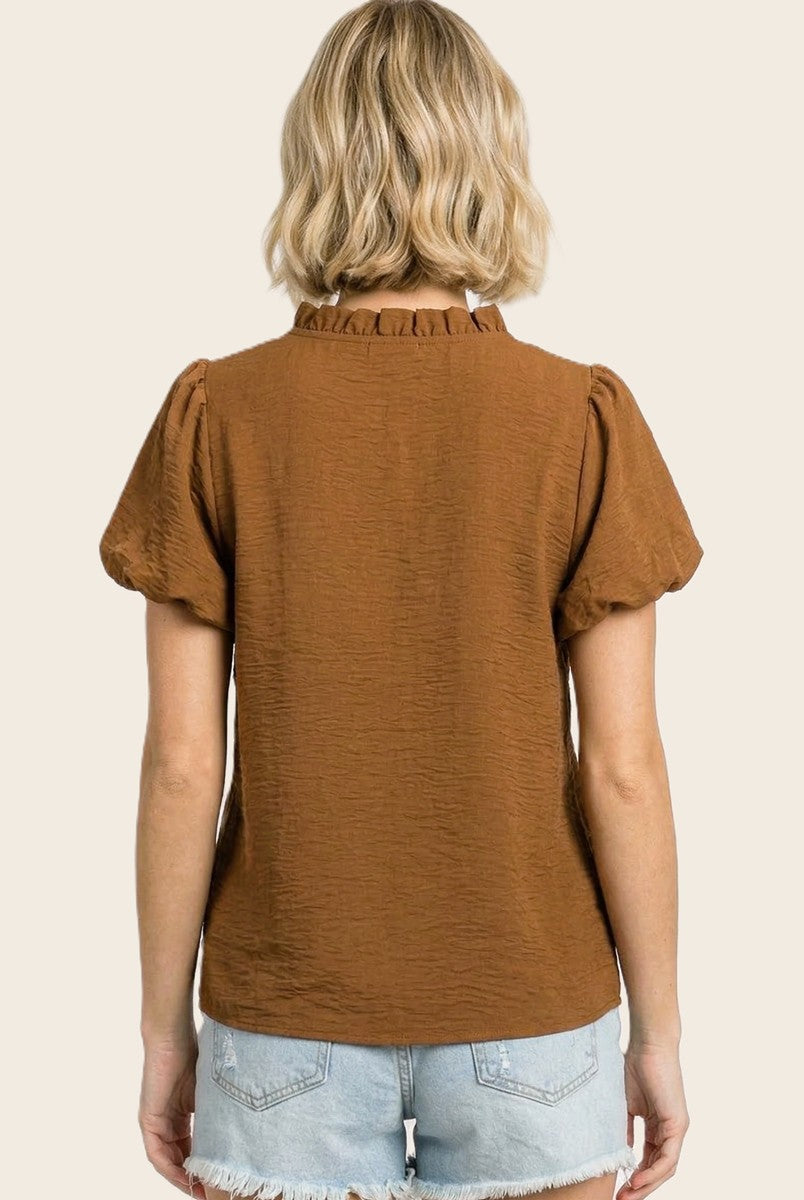 Solid Frill Split Neck Puff Sleeve Top