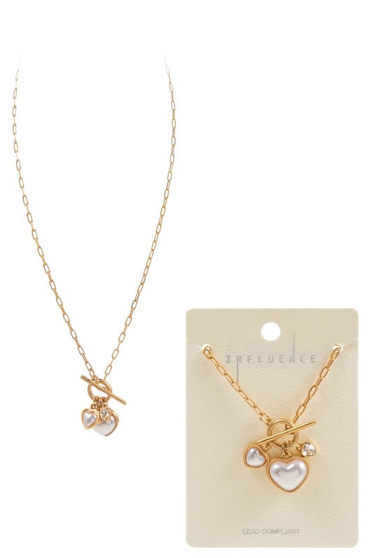Pearl Bubble Hearts Front Toggle Charm Necklace