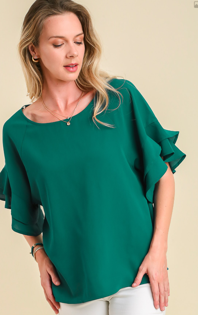 Solid Double Ruffle Layered Sleeve Top