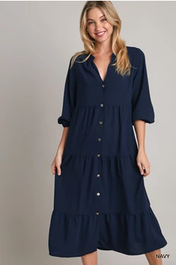 Solid Notched Neck Puff Sleeve Button Down Midi Dress