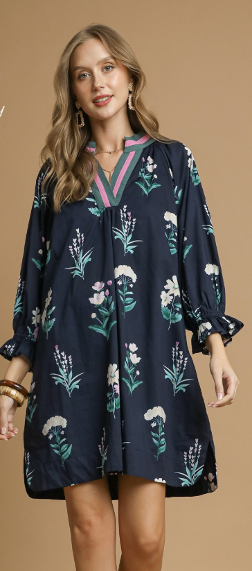 Floral 3/4 Sleeve Dress w/Striped V-Neck-Navy