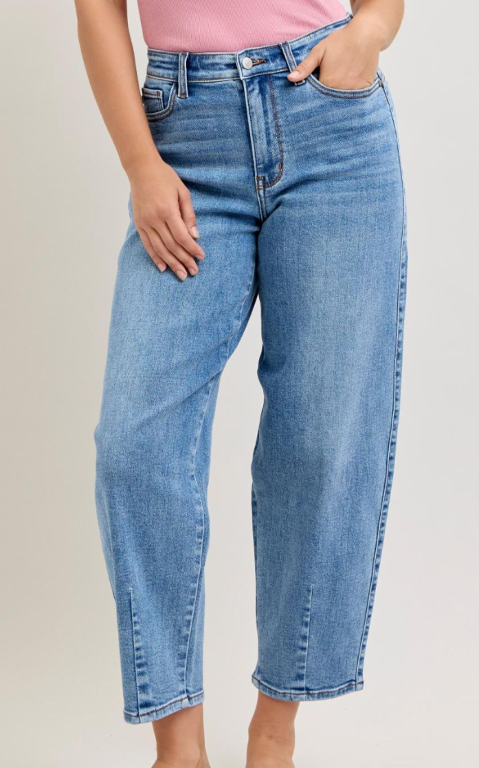 High Waist Front Dart Hem Barrel Denim