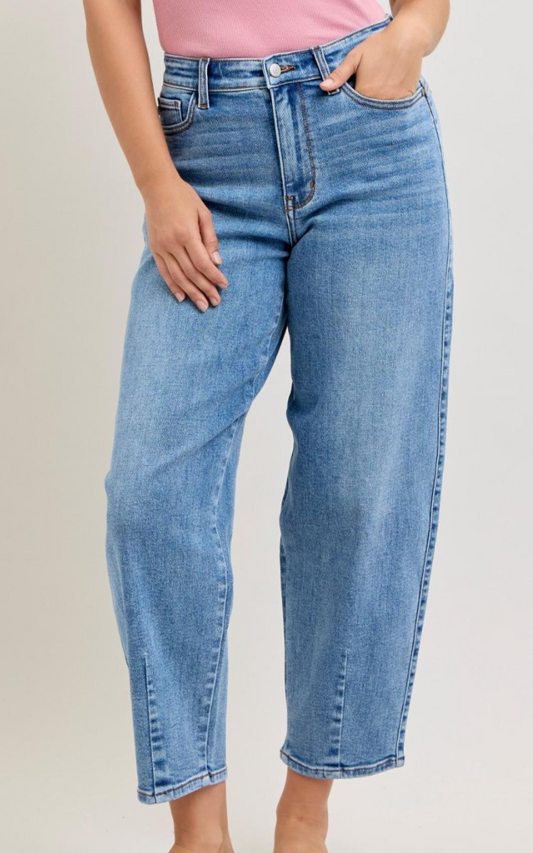 High Waist Front Dart Hem Barrel Denim