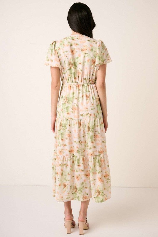 Floral V-Neck Flutter Sleeve Tiered Maxi Dress-Sage