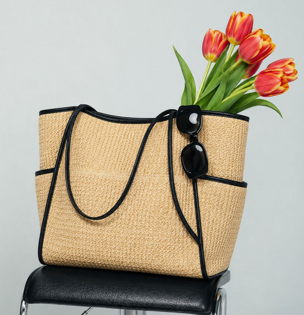 Large Straw Tote Bag Snap Woven Beach Shoulder Bag