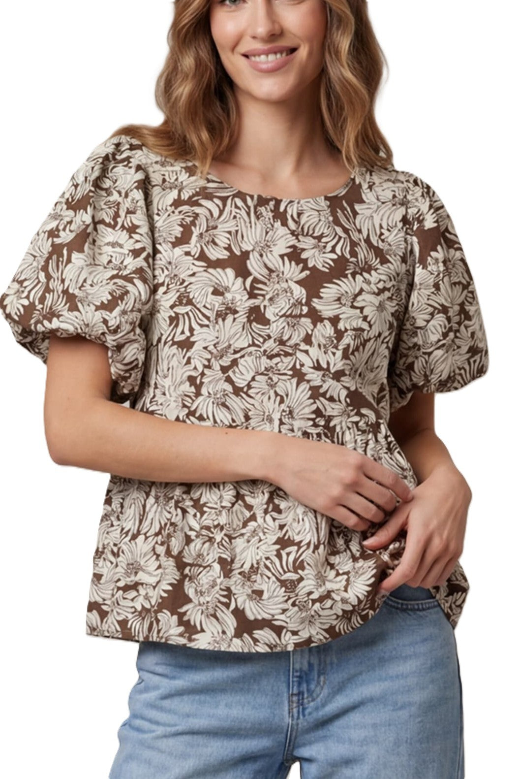 Floral Puff Sleeve Peplum Top