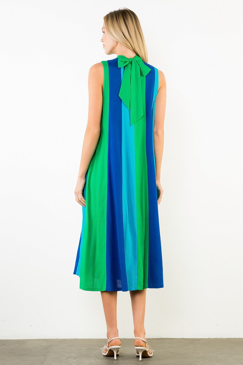 Vertical Color Block Tie Back Neck Sleeveless Midi Dress-Green