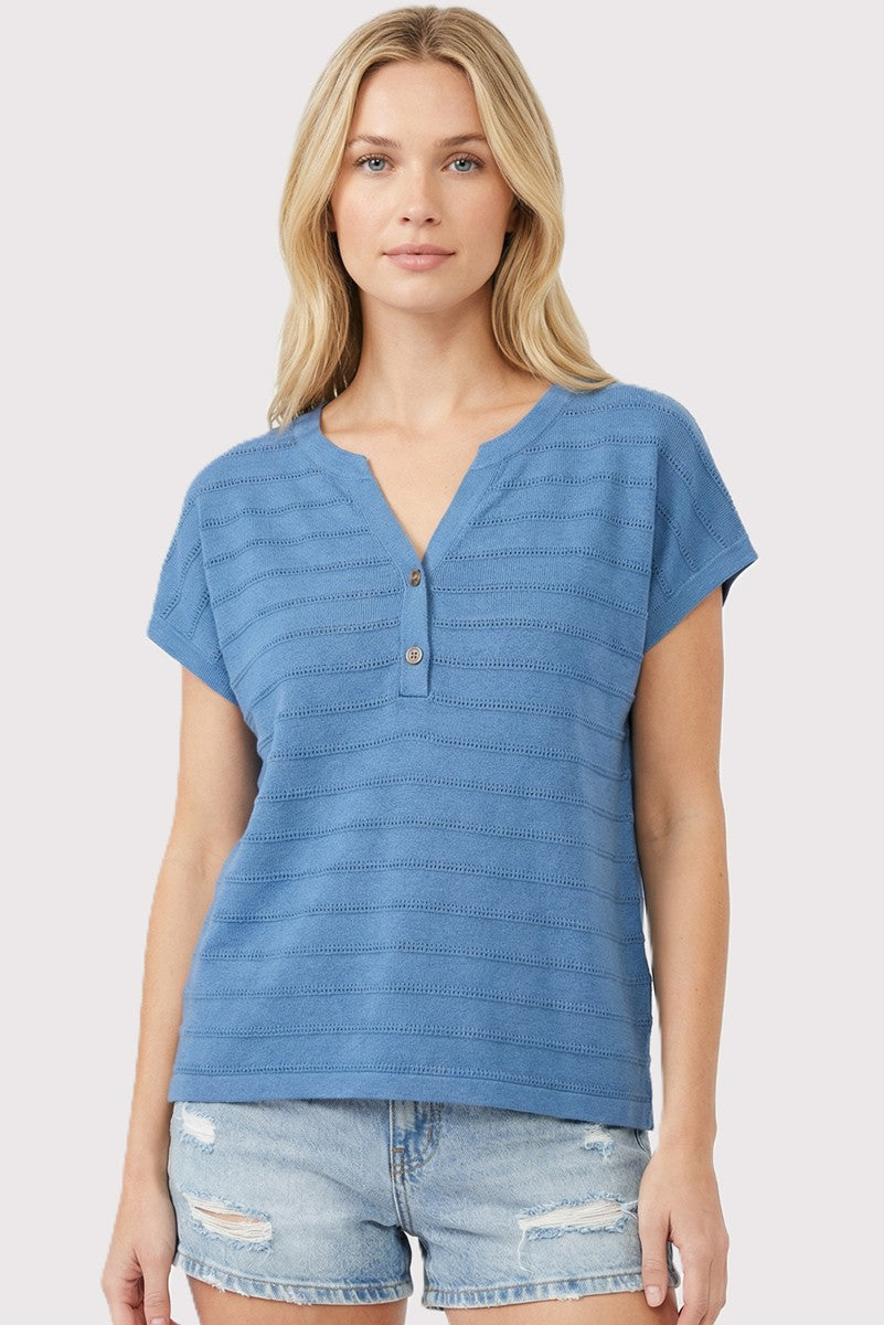 Split Half Button Neck Pointelle Striped Sweater