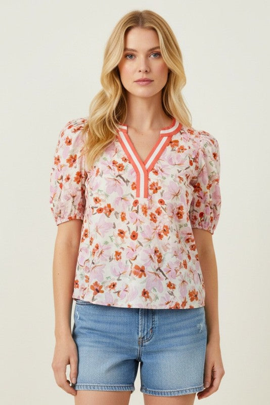 Floral Contrast Stripe Neck Banded Sleeve Top
