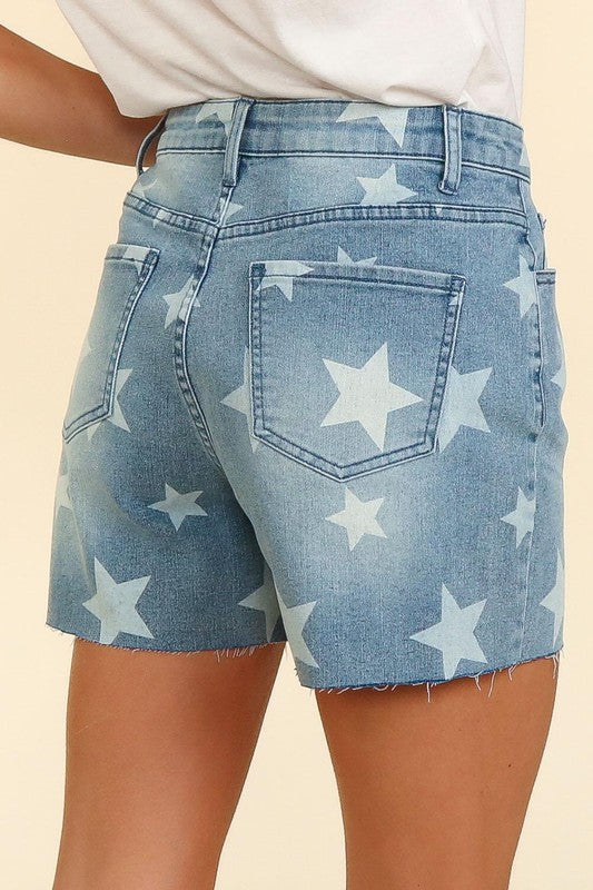 High Rise Tummy Control Star Print Cut Off Denim Shorts