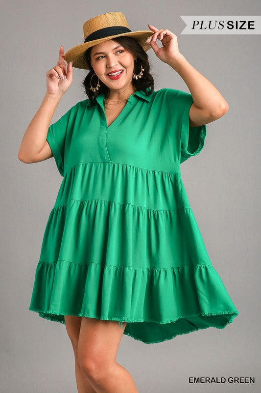 Solid Collared Tiered Raw Hem Dress-Green