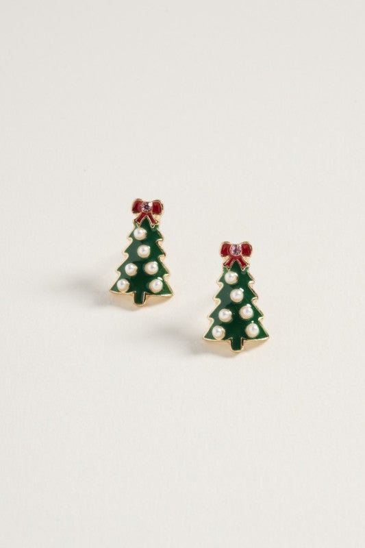 Pearl Ornament Tree Stud Earring-Green