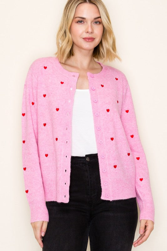 Heart Embroidered Button Down Cardigan Sweater-Pink