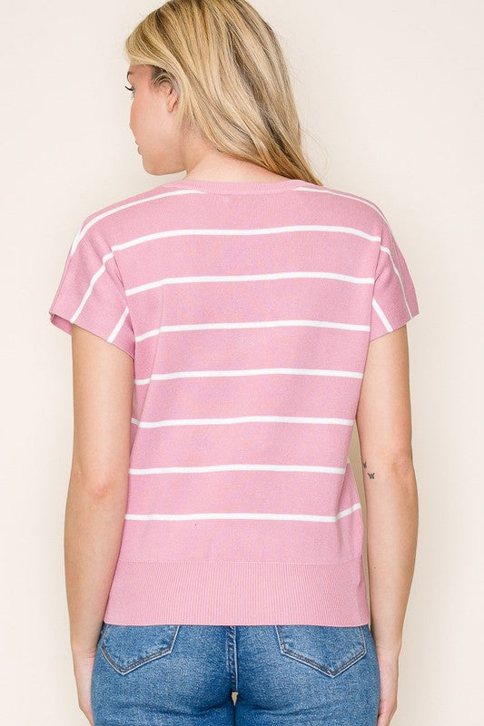 Thin Striped Crew Neck Short Sleeve Sweater-Pink