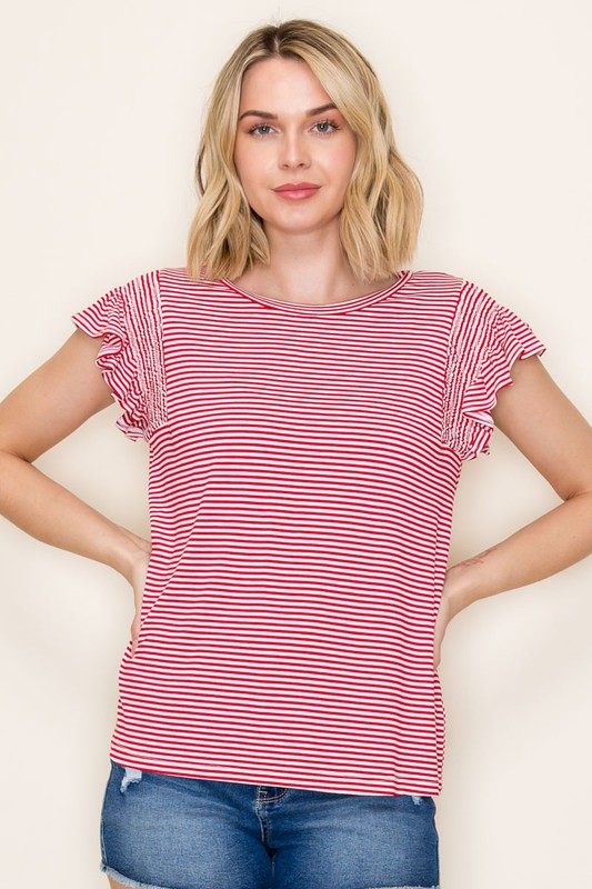 Striped Ruffle Smocked Cap Sleeve Top