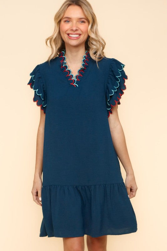 Embroidered Scallop Neck Flutter Sleeve Dress-Navy