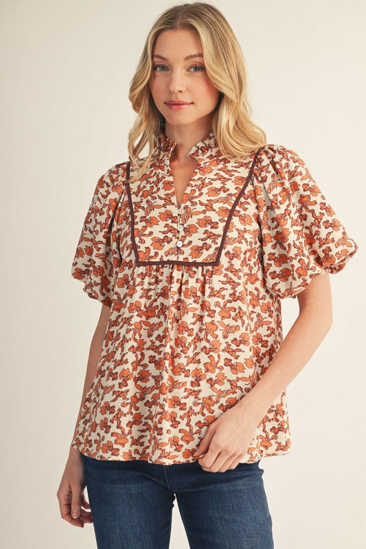 Fall Floral Piped Yoke Puff Sleeve Top-Toffee
