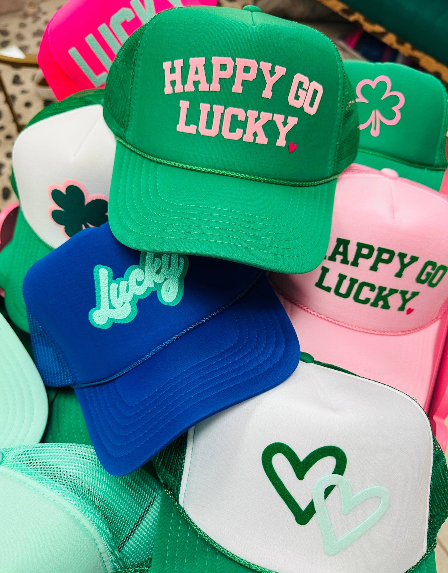 Happy Go Lucky - Light Pink Trucker Hat