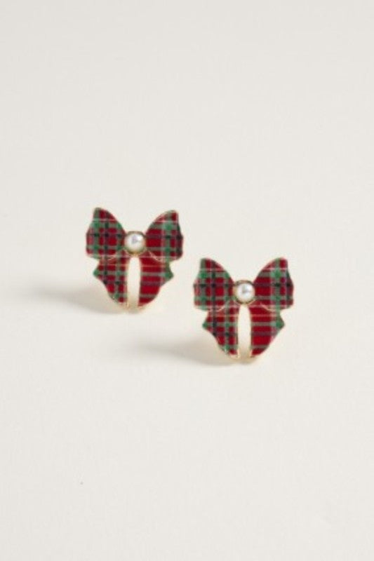 Plaid Pearl Bow Stud Earring-Red