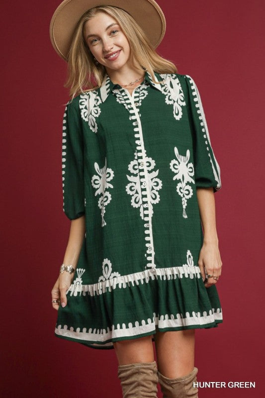 Block Print Buton Down 3/4 Sleeve Dress