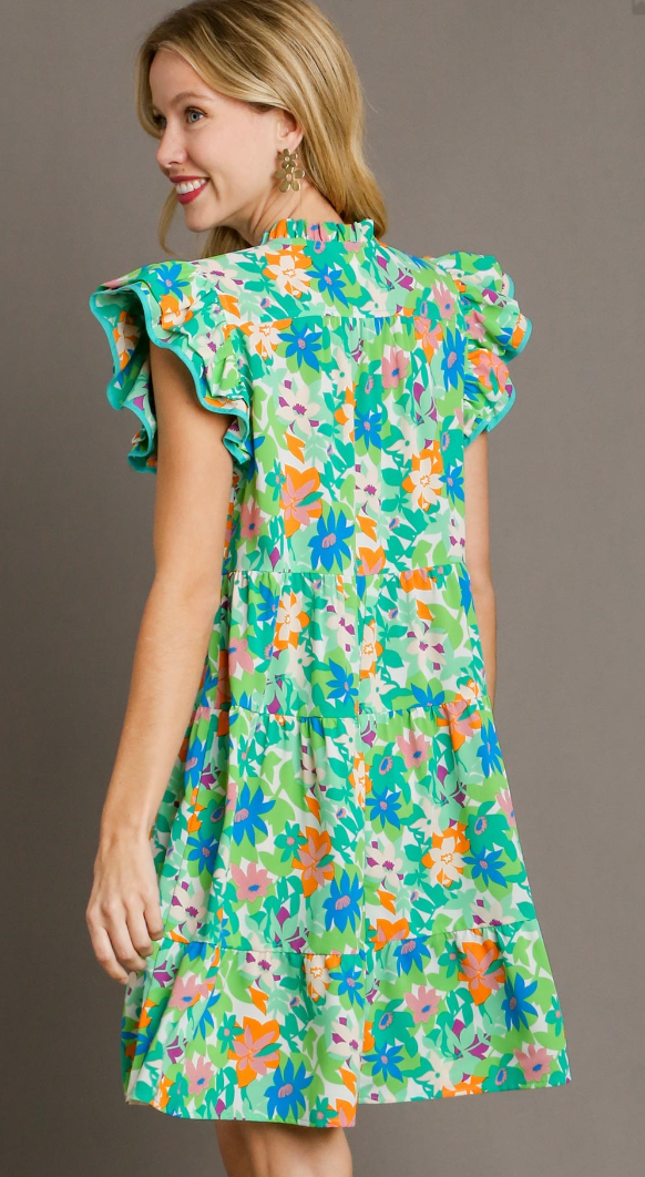 Floral Double Ruffle Sleeve Tiered Dress - Green