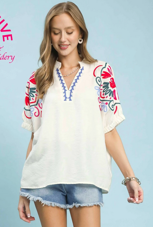 Bright Embroidered Elastic Sleeve Top-Cream