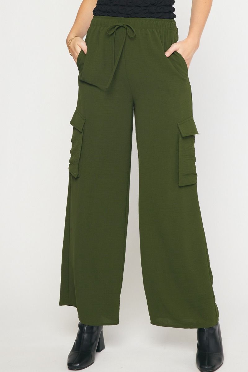 Solid Wide Leg Utility Drawstring Pant