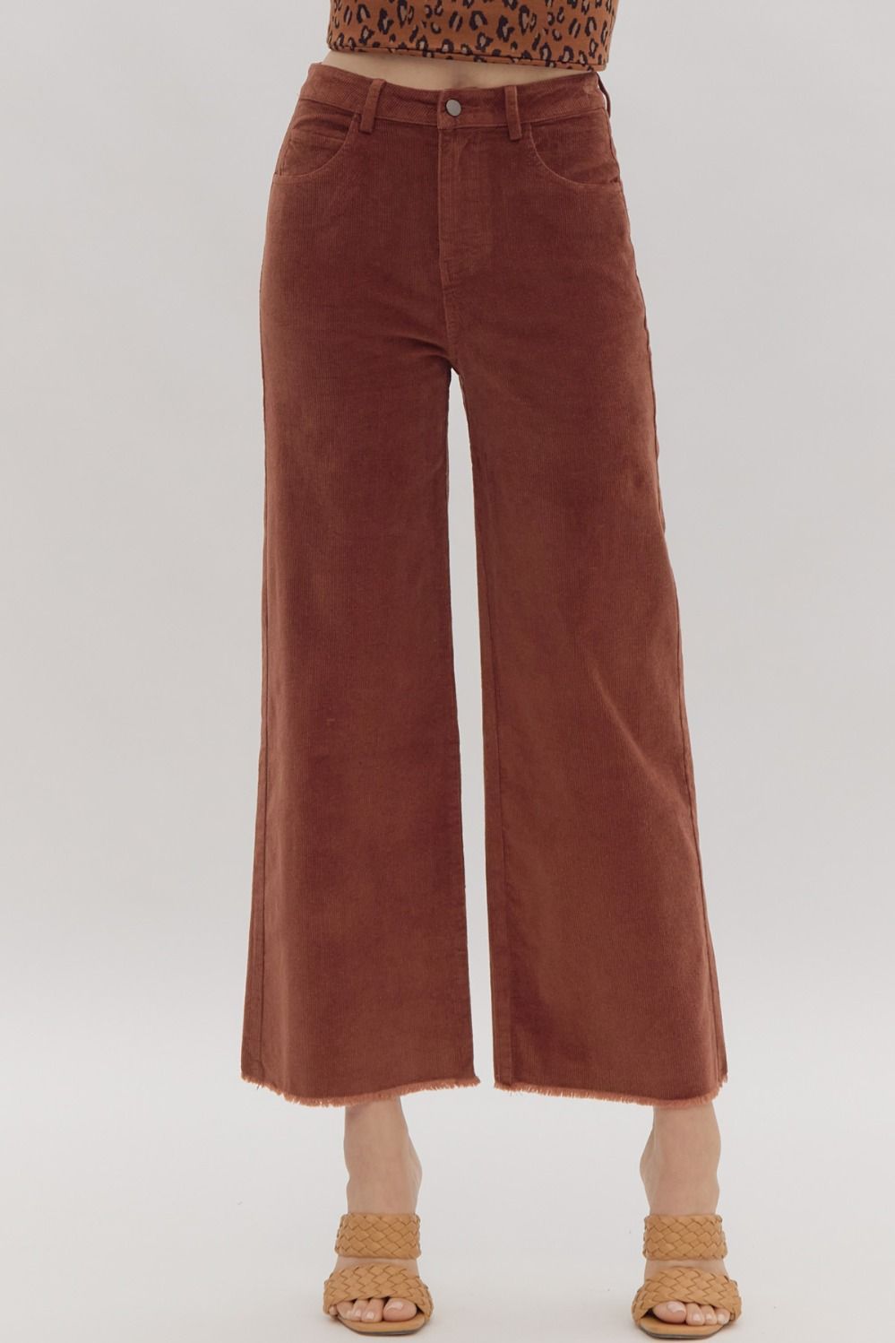 Corduroy High Waist Wide Leg Fray Hem Pant