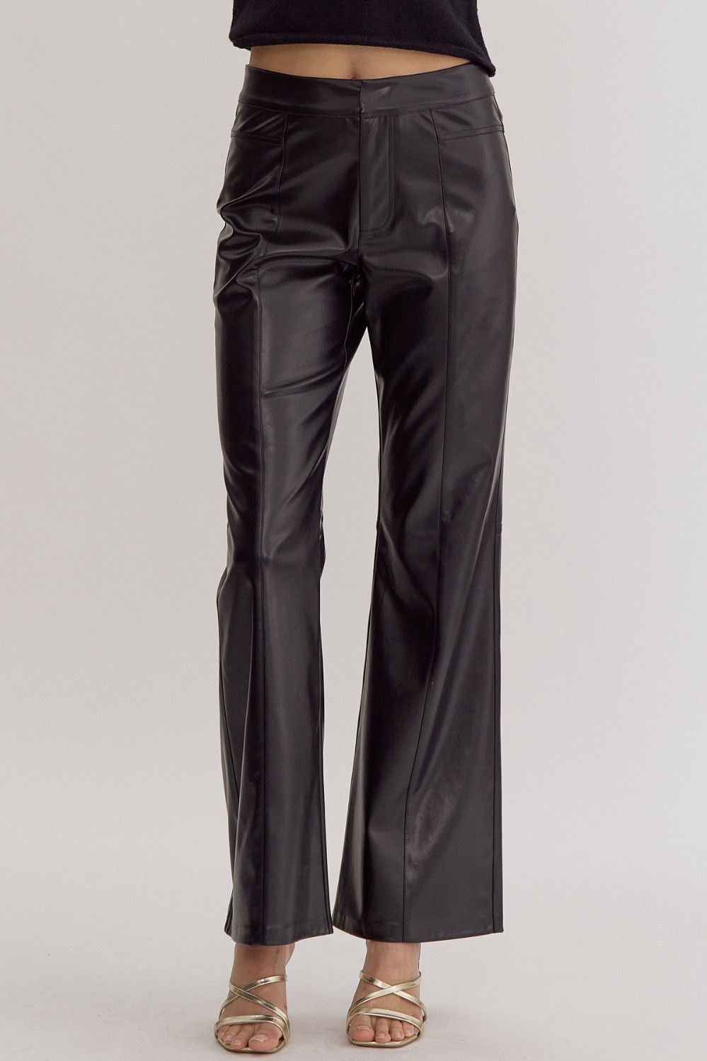 Faux Leather High Waist Flare Pants - Black