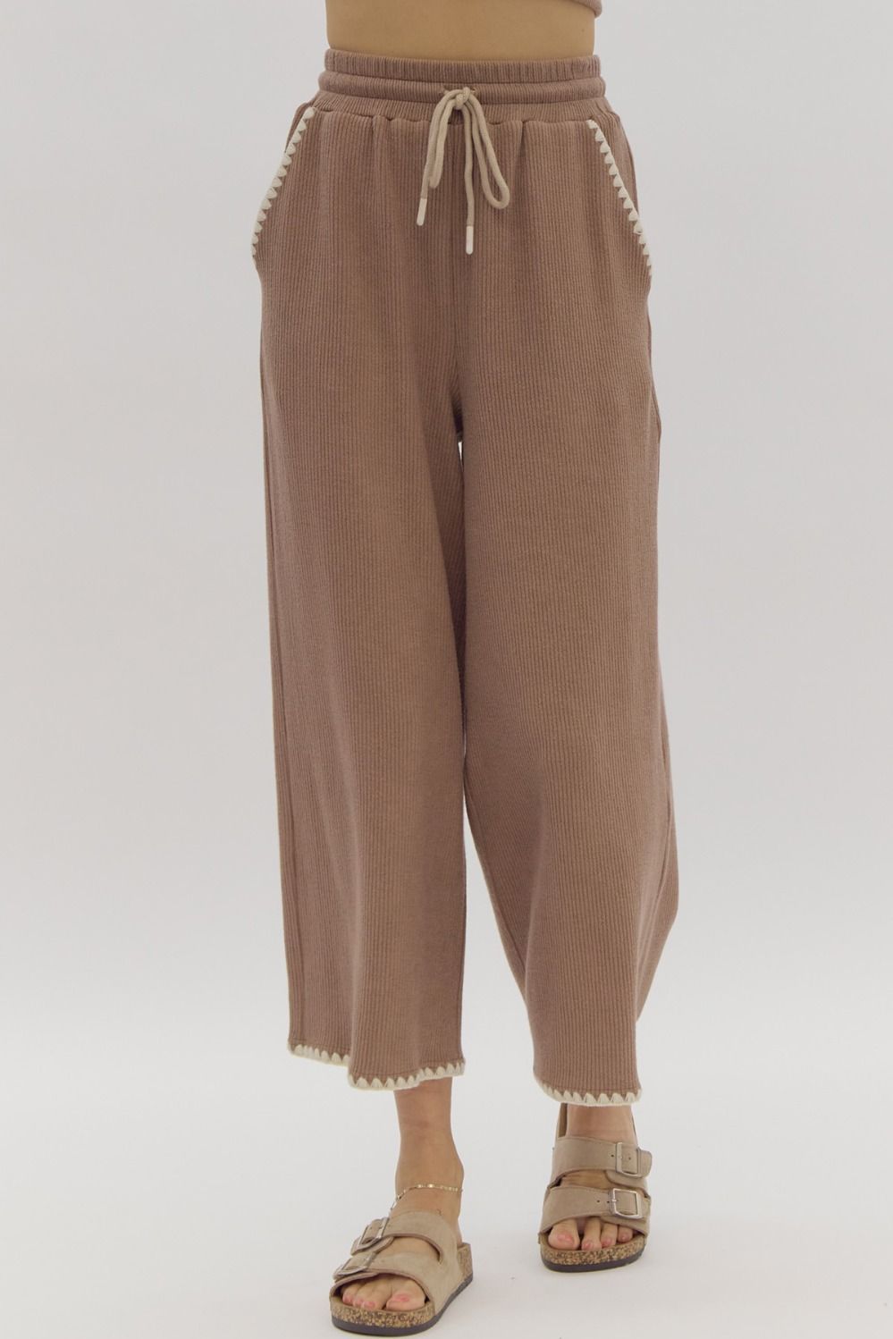 Ribbed Contrast Stitch Wide Crop Tie Waist Pants - Mocha