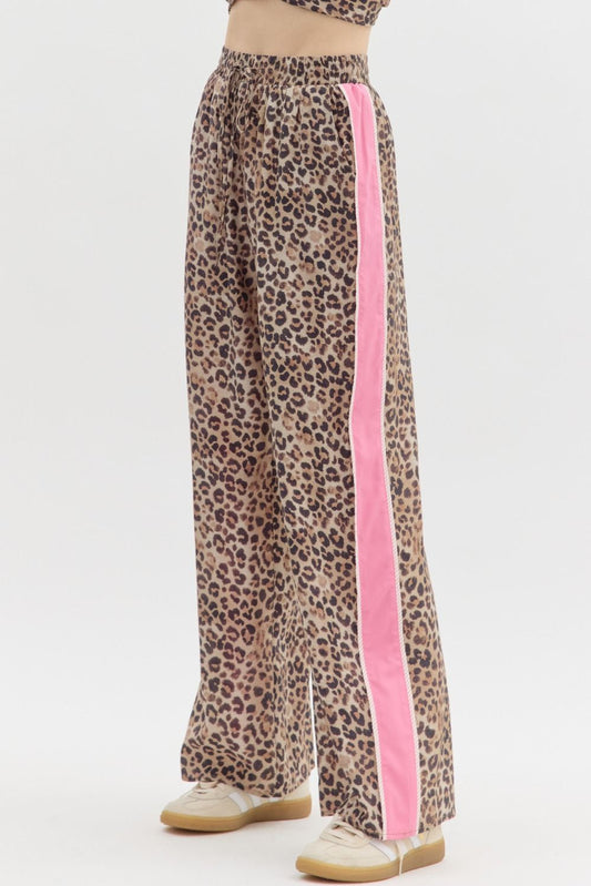 Leopard Contrast Trim Wide Leg Pant-Pink