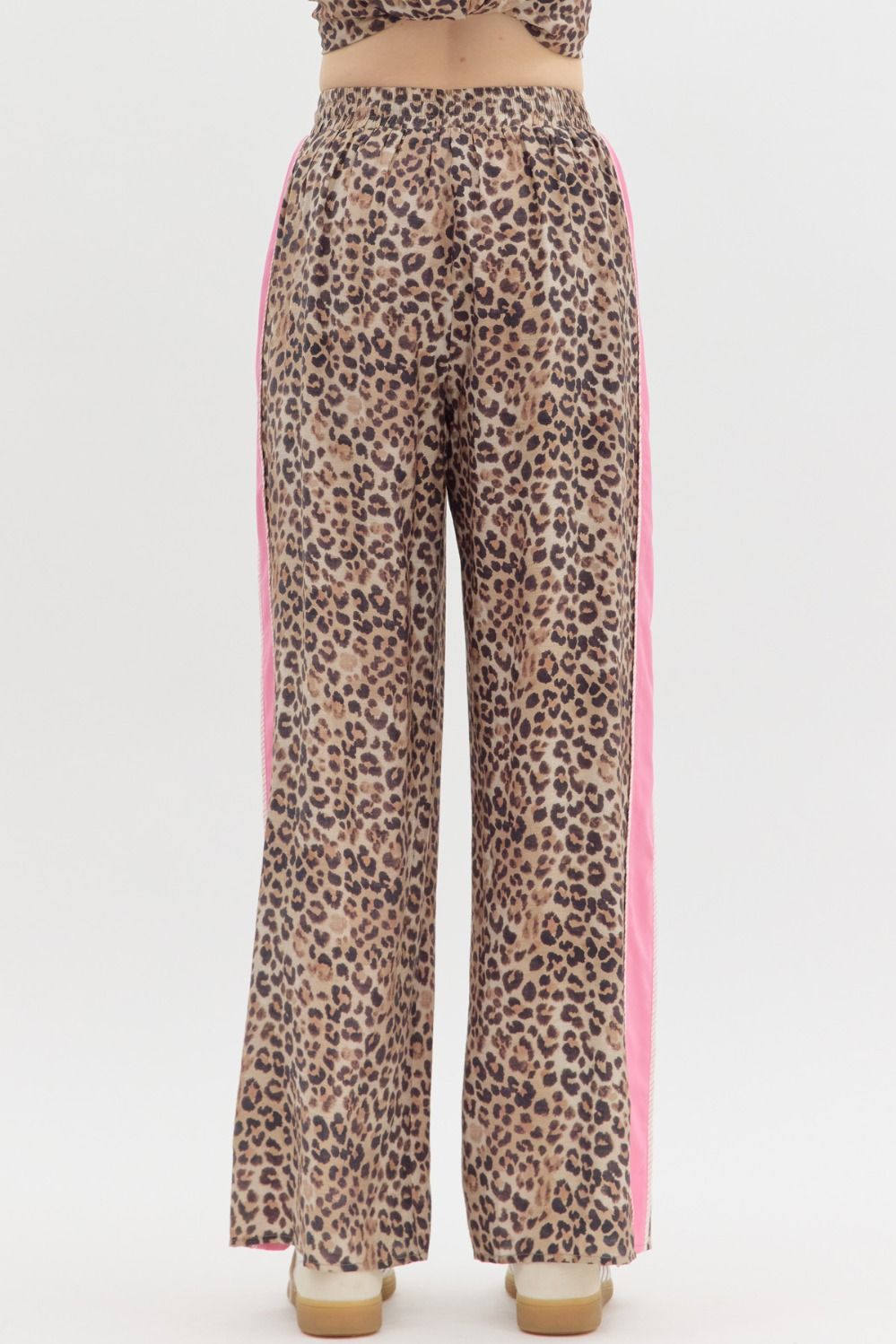 Leopard Contrast Trim Wide Leg Pant-Pink