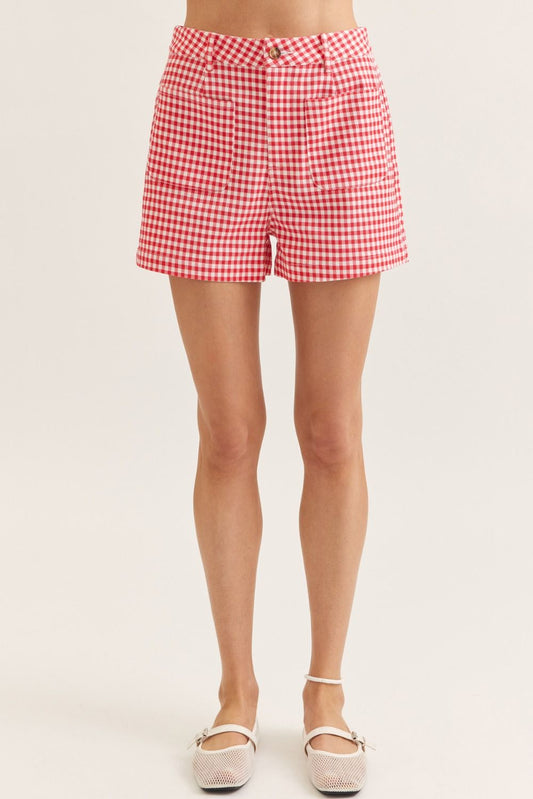 Gingham Patch Pocket Shorts-Red