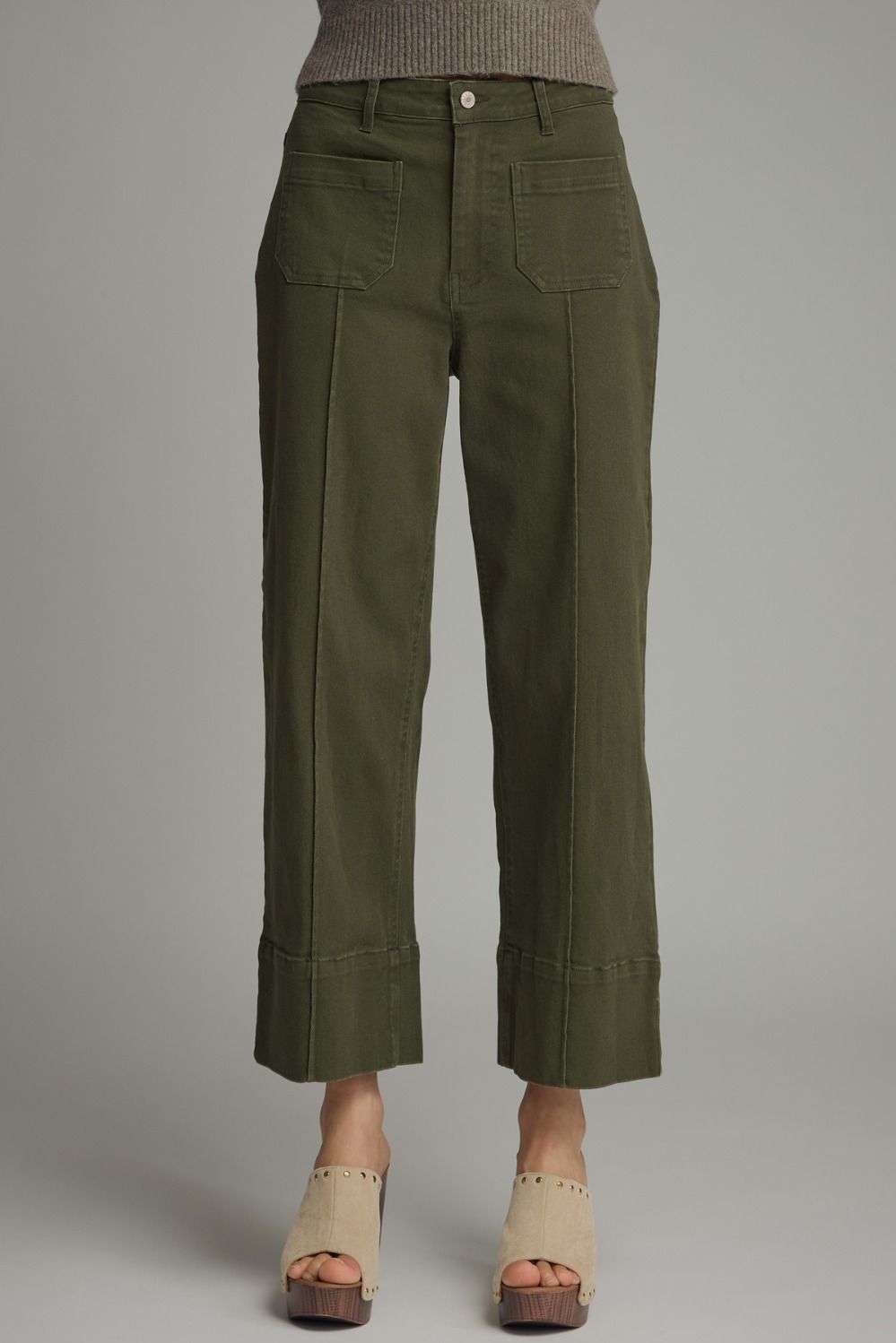 Front Seam Patch Pocket Wide Leg Pant-Olive