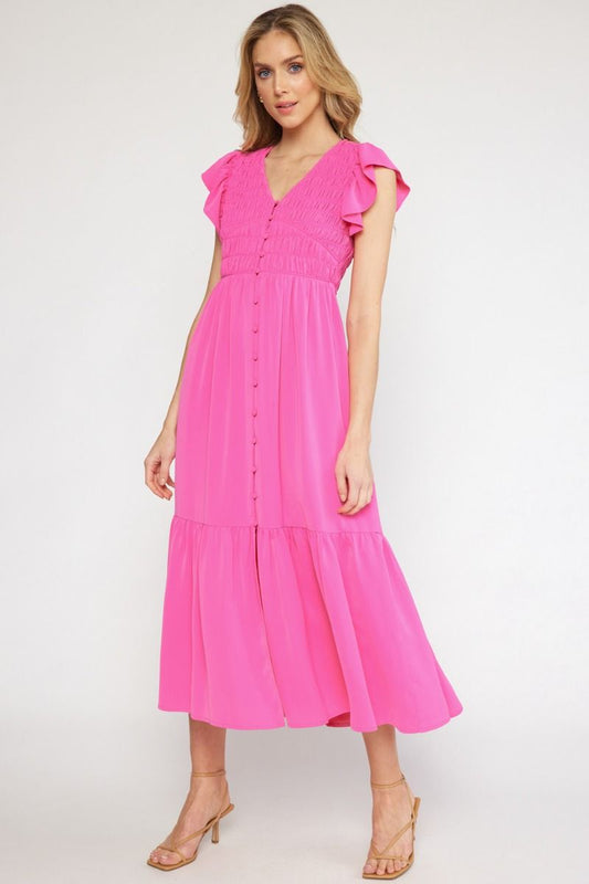 Solid Smocked Button Tiered Ruffle Sleeve Maxi Dress