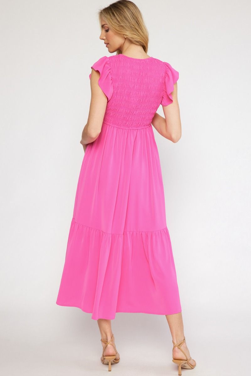 Solid Smocked Button Tiered Ruffle Sleeve Maxi Dress