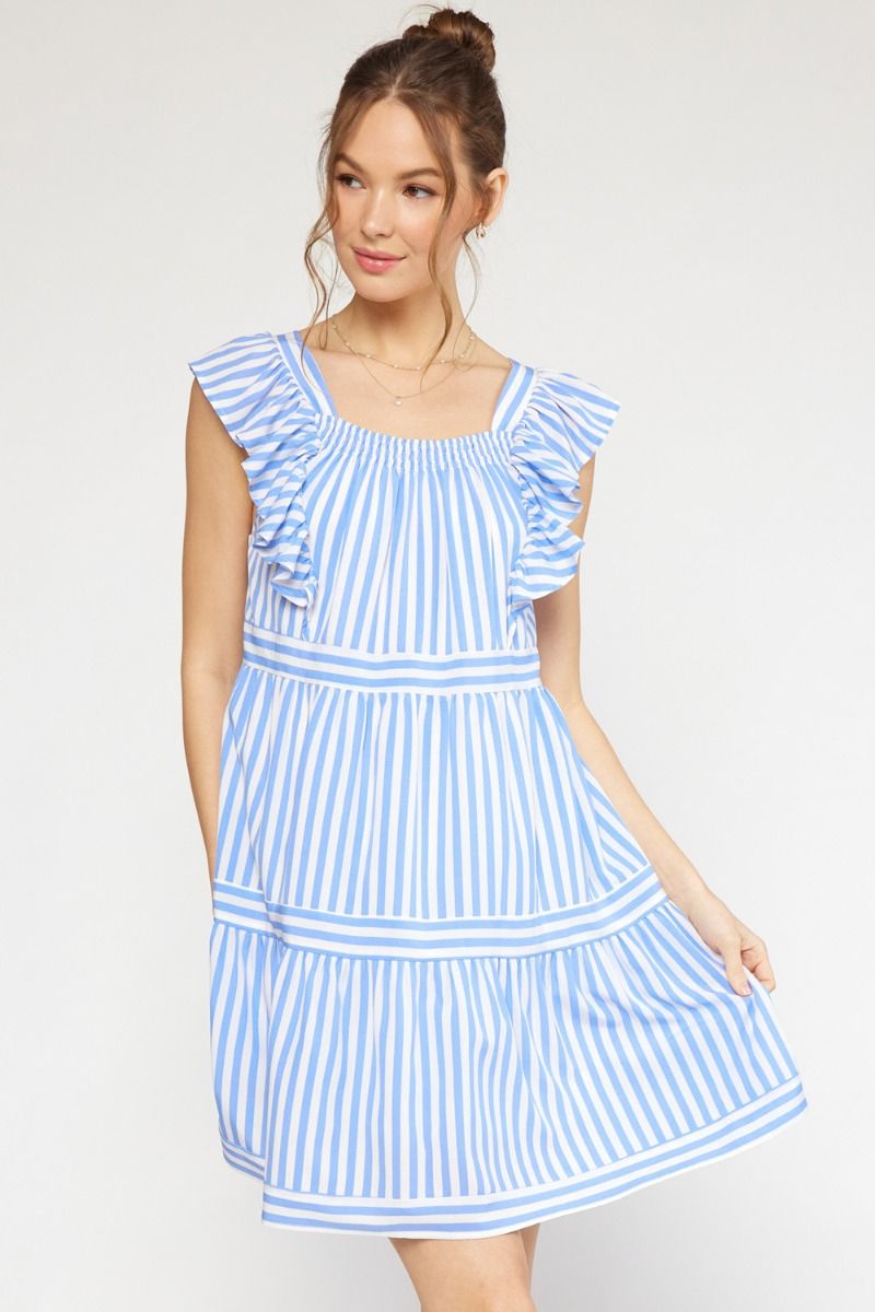 Vertical Stripe Square Neck Tiered Ruffle Arm Dress- Light Blue