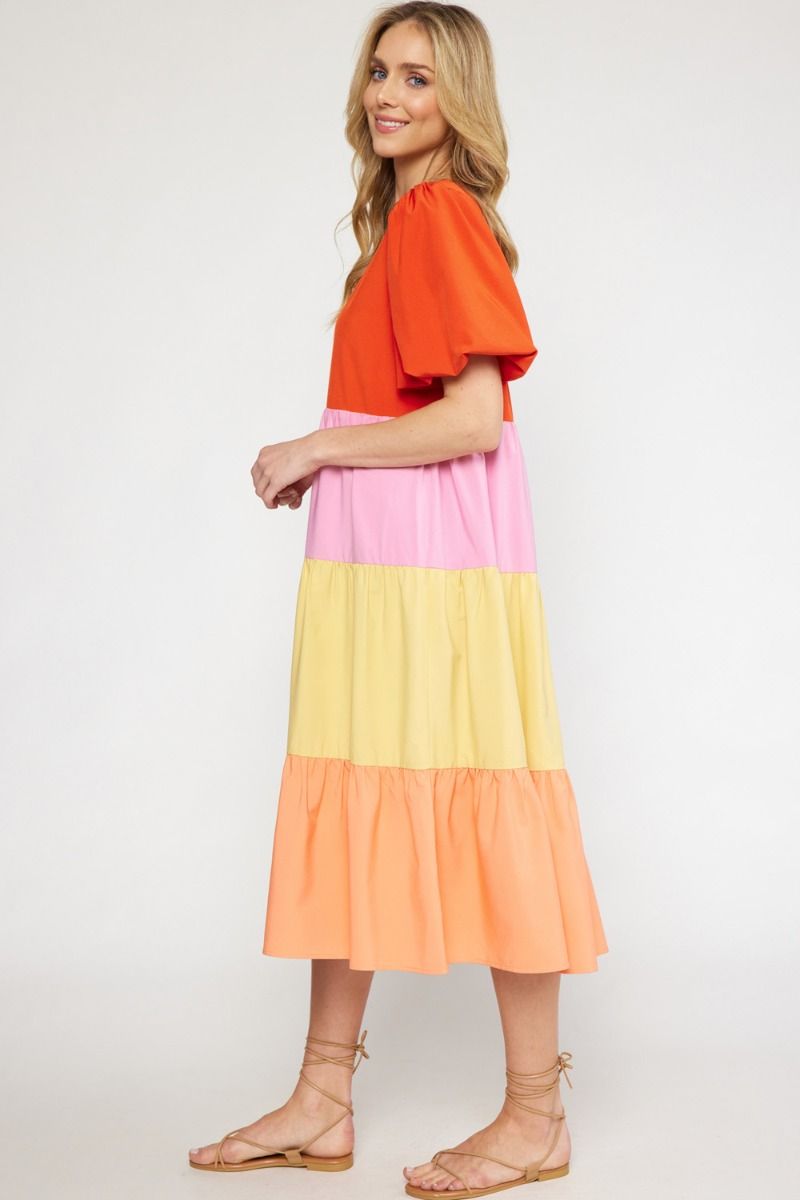 V-Neck Color Block Tiered Puff Sleeve Midi Dress