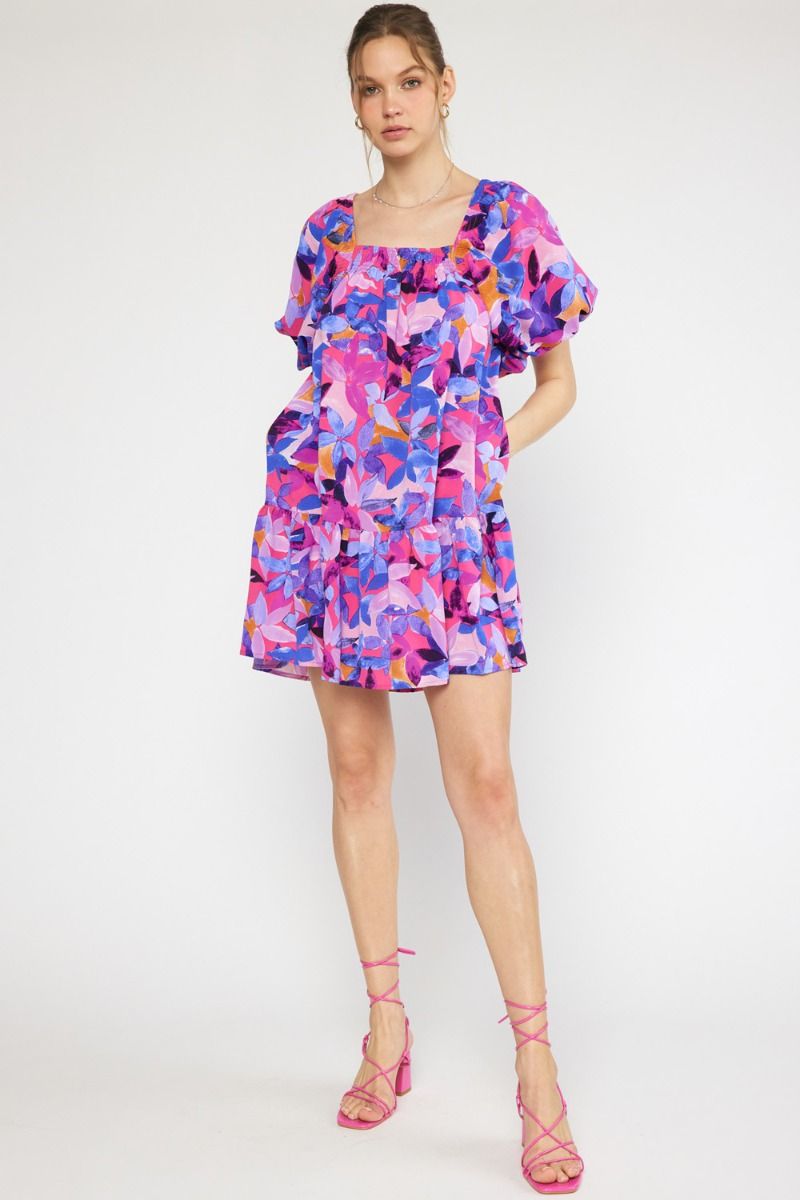 Floral Square Neck Puff Sleeve Dress- Magenta