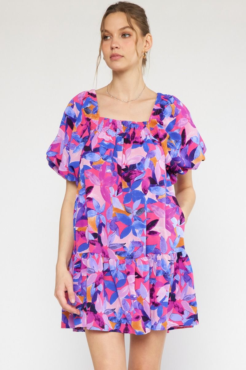 Floral Square Neck Puff Sleeve Dress- Magenta