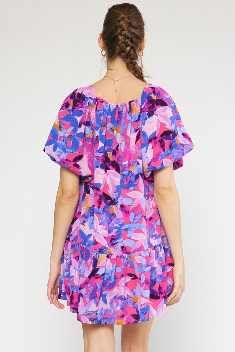 Floral Square Neck Puff Sleeve Dress- Magenta