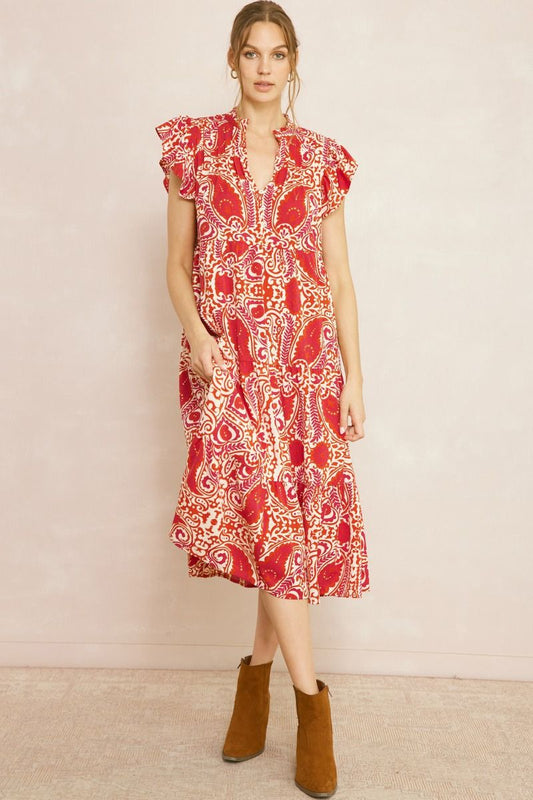 Paisley Ruffle Sleeve V-Neck Midi Dress- Ruby