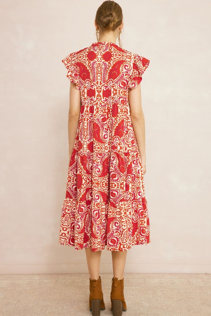 Paisley Ruffle Sleeve V-Neck Midi Dress- Ruby