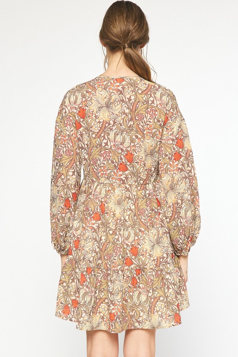 Floral & Paisley Smocked Top Tie Neck Long Sleeve Dress- Mocha